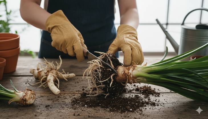 Proceso de división del rizoma de una planta de Aspidistra para su propagación, mostrando el corte de la raíz carnosa.