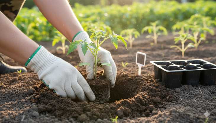 Trasplante de una plántula de tomate al huerto, mostrando el paso de los semilleros de interior al exterior en marzo.