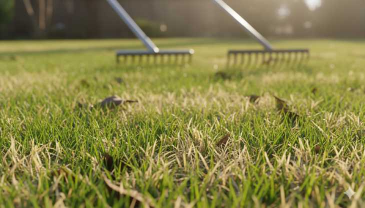 Primeros brotes de césped de primavera, mostrando el despertar del jardín y la necesidad de tareas de mantenimiento como el escarificado.
