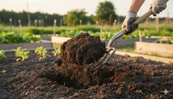 Uso de una horca de cavar para airear y descompactar un suelo de huerto en primavera, una tarea clave de preparación.