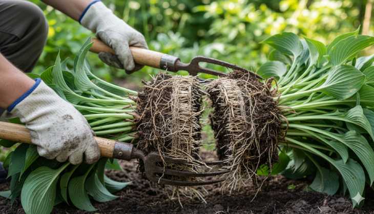Técnica de división de una mata de Hosta utilizando dos horcas de cavar para separarla limpiamente en dos secciones.