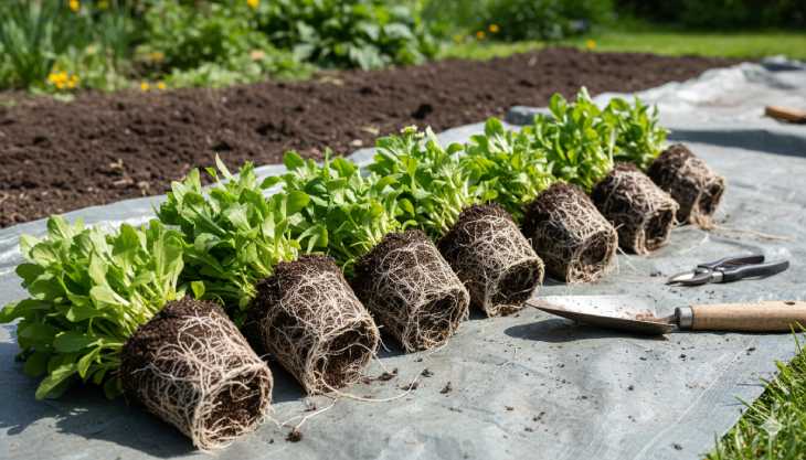 Divisiones sanas de una planta perenne después de ser separadas, mostrando las nuevas plantas gratuitas listas para ser plantadas.