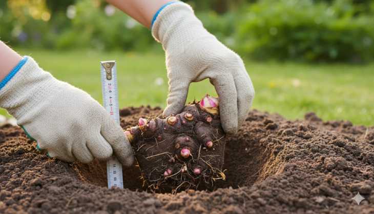 Técnica correcta de plantación de raíces de peonía, mostrando la profundidad ideal de las yemas.