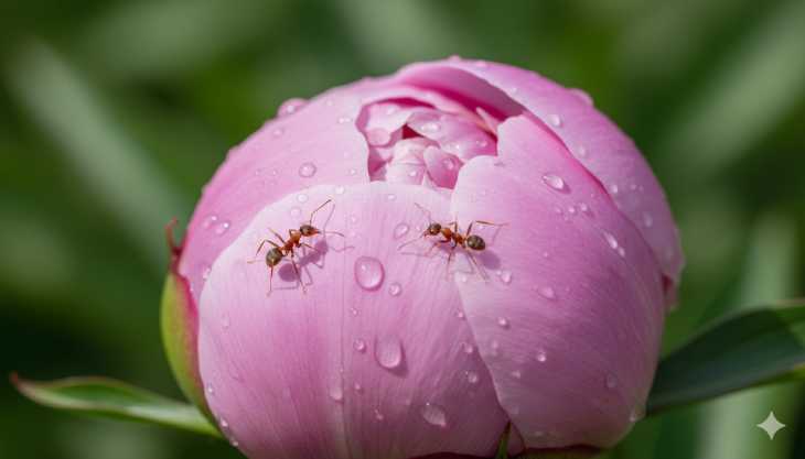Hormigas sobre un capullo de peonía, ilustrando la relación natural y beneficiosa entre insectos y planta.