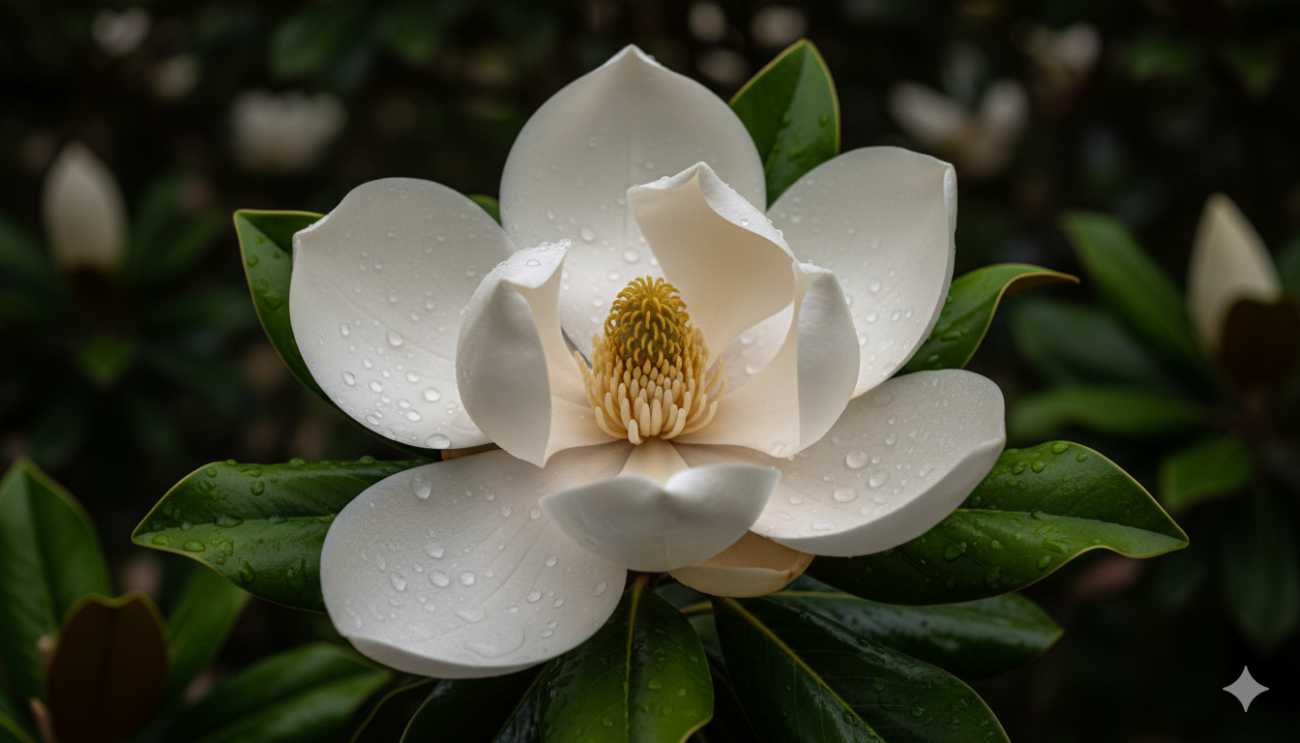 Primer plano de una flor blanca gigante de Magnolia grandiflora con pétalos carnosos en primavera.