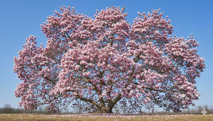 Árbol de Magnolia soulangeana floreciendo en ramas desnudas al final del invierno.