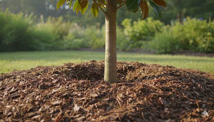 Capa de acolchado orgánico en la base de un magnolio para proteger sus raíces superficiales y mantener la humedad.