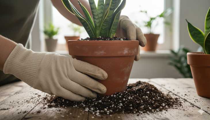 Persona trasplantando una lengua de suegra usando un sustrato poroso y una maceta con drenaje.