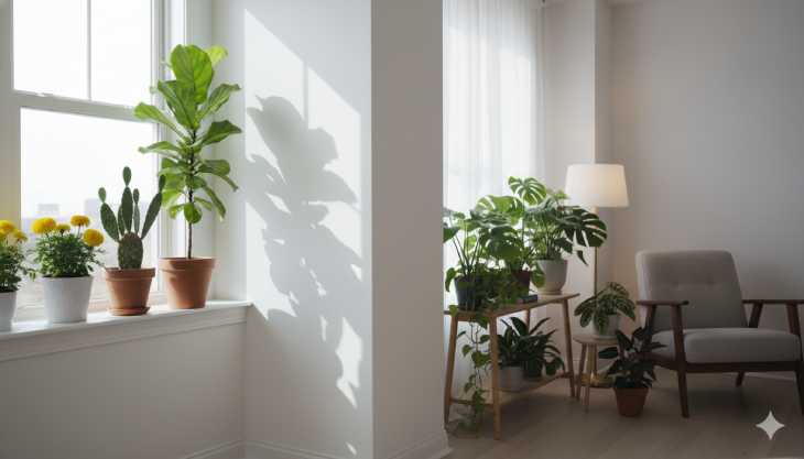 Distribución estratégica de plantas de interior en un salón según la intensidad de luz de las ventanas.