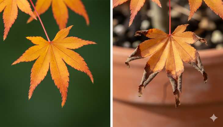 Comparativa entre una hoja sana de arce japonés y una hoja quemada por el sol o viento seco.