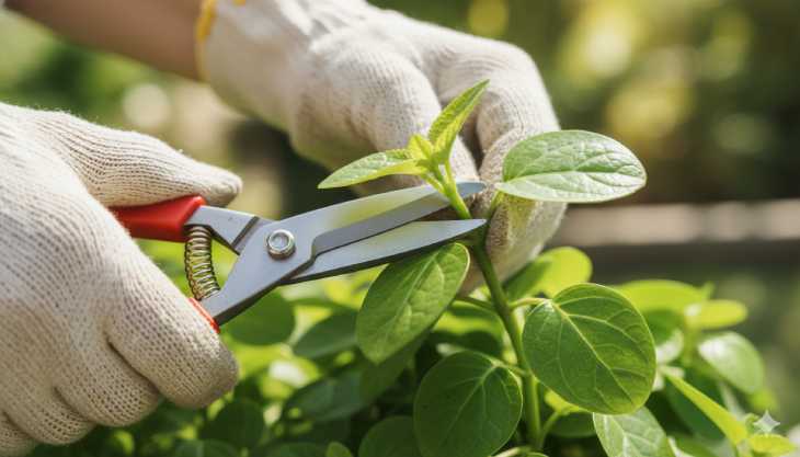 Técnica de pinzado en la planta del dinero para fomentar un crecimiento denso y arbustivo.
