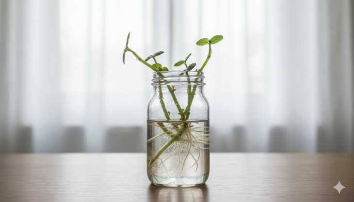Esquejes de planta del dinero enraizando en agua, mostrando el éxito de la propagación casera.