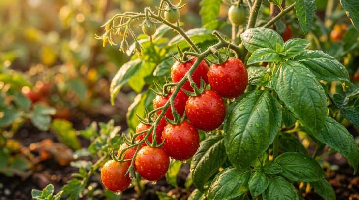 Asociación beneficiosa de tomates maduros y hojas frescas de albahaca