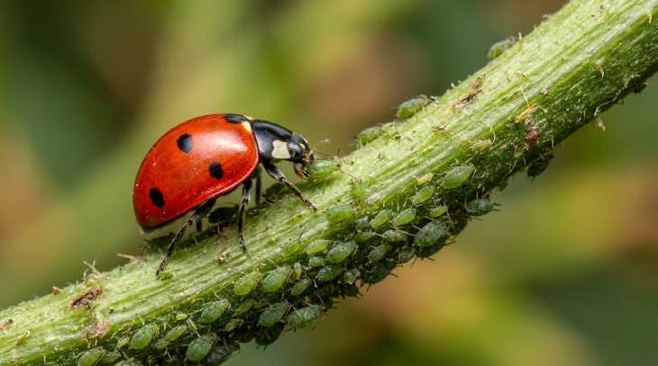Mariquita depredadora cazando pulgones en tallo verd
