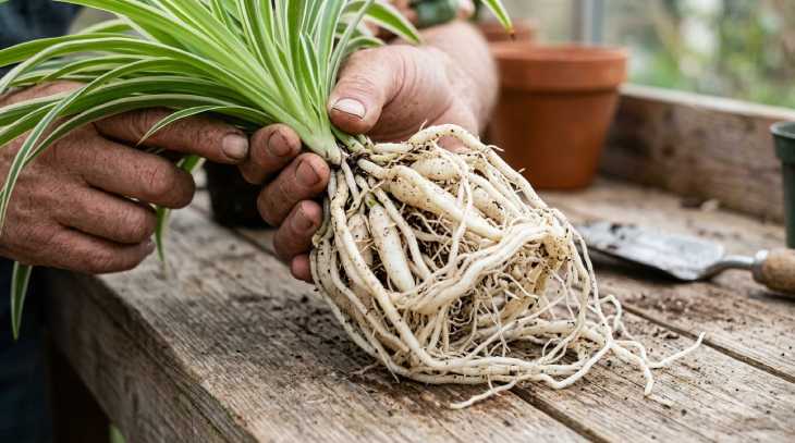 Anatomía de las raíces tuberosas gruesas de una planta araña libre de sustrato