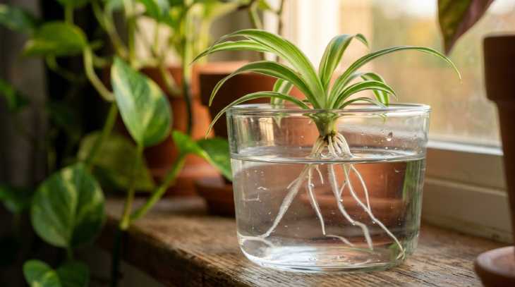 Propagación hídrica de una plántula de cintas emitiendo nuevas raíces en un vaso de agua