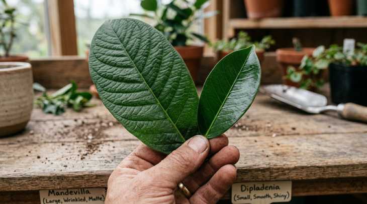 Comparación de hojas de Mandevilla y Dipladenia para identificar variedad