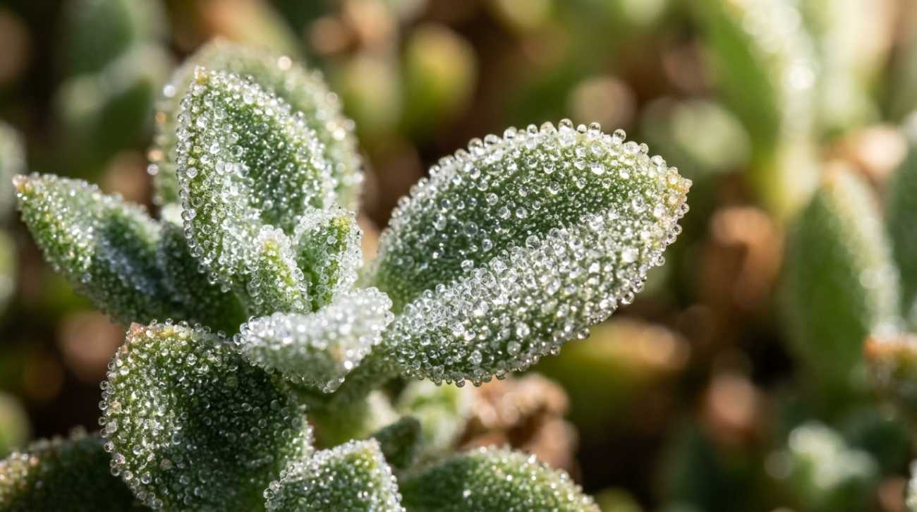 Detalle macro de las células de agua brillantes en las hojas de una planta de hielo