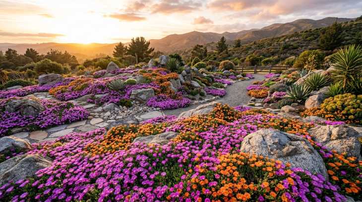 Alfombra de flores de colores de planta de hielo cubriendo una rocalla al sol