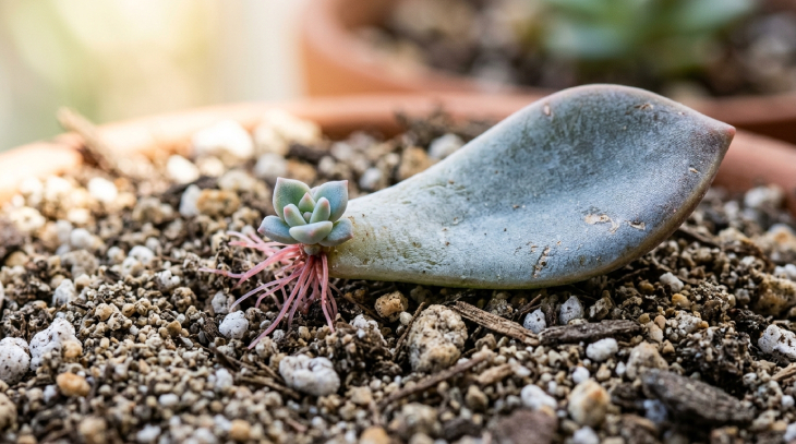 Reproducción de planta fantasma a partir de una hoja sacando raíces y un hijo