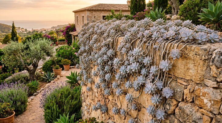 Cascada de plantas fantasma colgando de un muro de piedra en un jardín