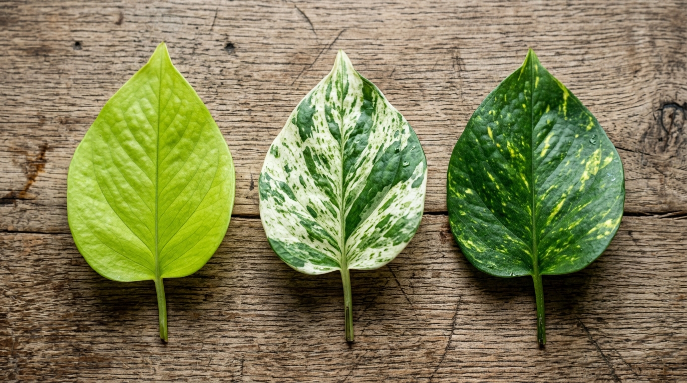 Comparativa de hojas de poto Neon, Marble Queen y Golden para identificación